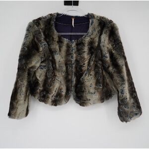 Free People Faux Fur Cropped Jacket Blue Gray Bolero Striped Coat Y2K Small